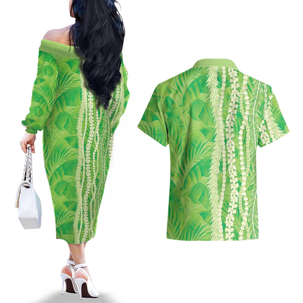 Hawaii Prince Kuhio Couples Matching Off The Shoulder Long Sleeve Dress and Hawaiian Shirt Lime Green Hawaiian Lau Maia With Leis LT05 - Polynesian Pride