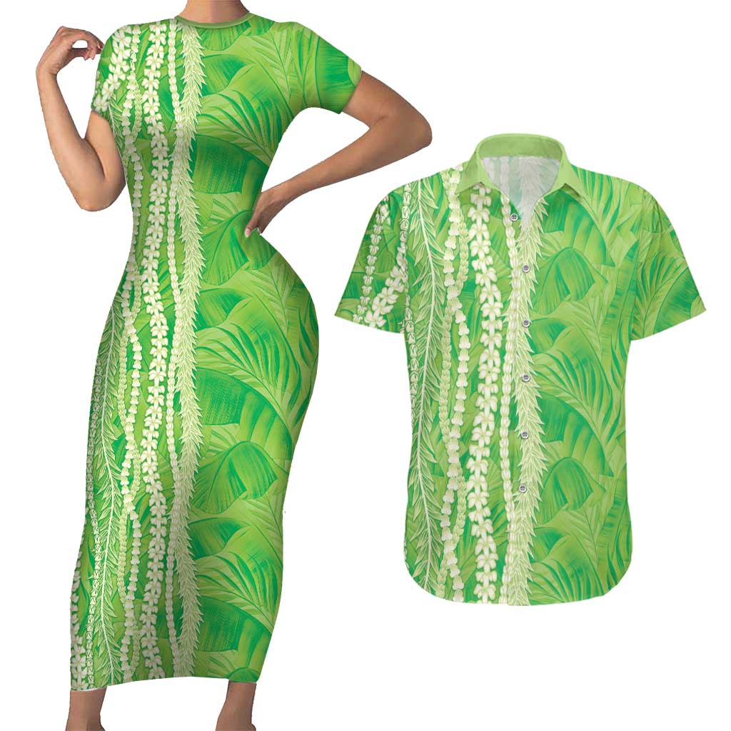 Hawaii Prince Kuhio Couples Matching Short Sleeve Bodycon Dress and Hawaiian Shirt Lime Green Hawaiian Lau Maia With Leis LT05 Green - Polynesian Pride
