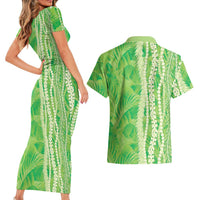 Hawaii Prince Kuhio Couples Matching Short Sleeve Bodycon Dress and Hawaiian Shirt Lime Green Hawaiian Lau Maia With Leis LT05 - Polynesian Pride