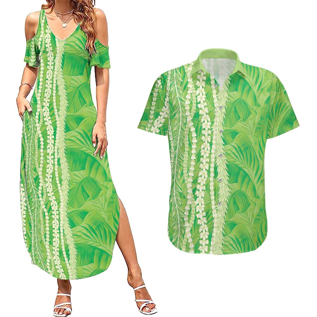 Hawaii Prince Kuhio Couples Matching Summer Maxi Dress and Hawaiian Shirt Lime Green Hawaiian Lau Maia With Leis LT05 Green - Polynesian Pride