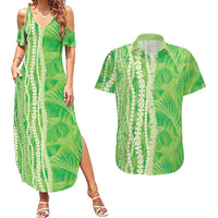 Hawaii Prince Kuhio Couples Matching Summer Maxi Dress and Hawaiian Shirt Lime Green Hawaiian Lau Maia With Leis LT05 Green - Polynesian Pride