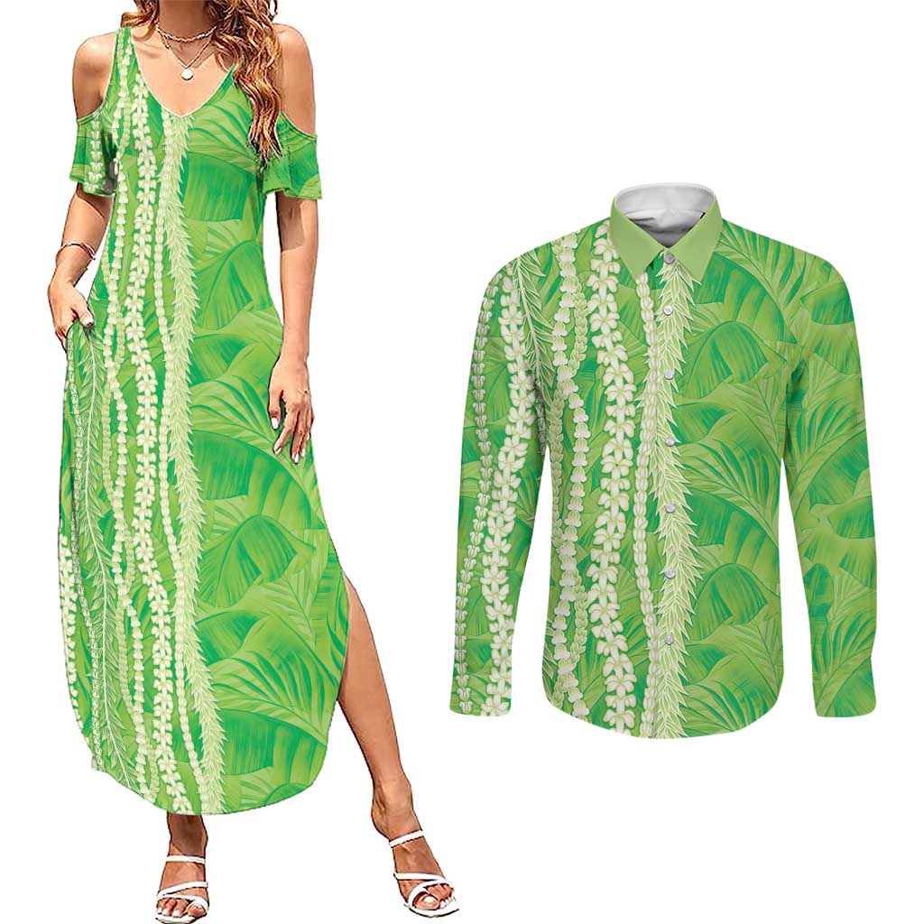 Hawaii Prince Kuhio Couples Matching Summer Maxi Dress and Long Sleeve Button Shirt Lime Green Hawaiian Lau Maia With Leis