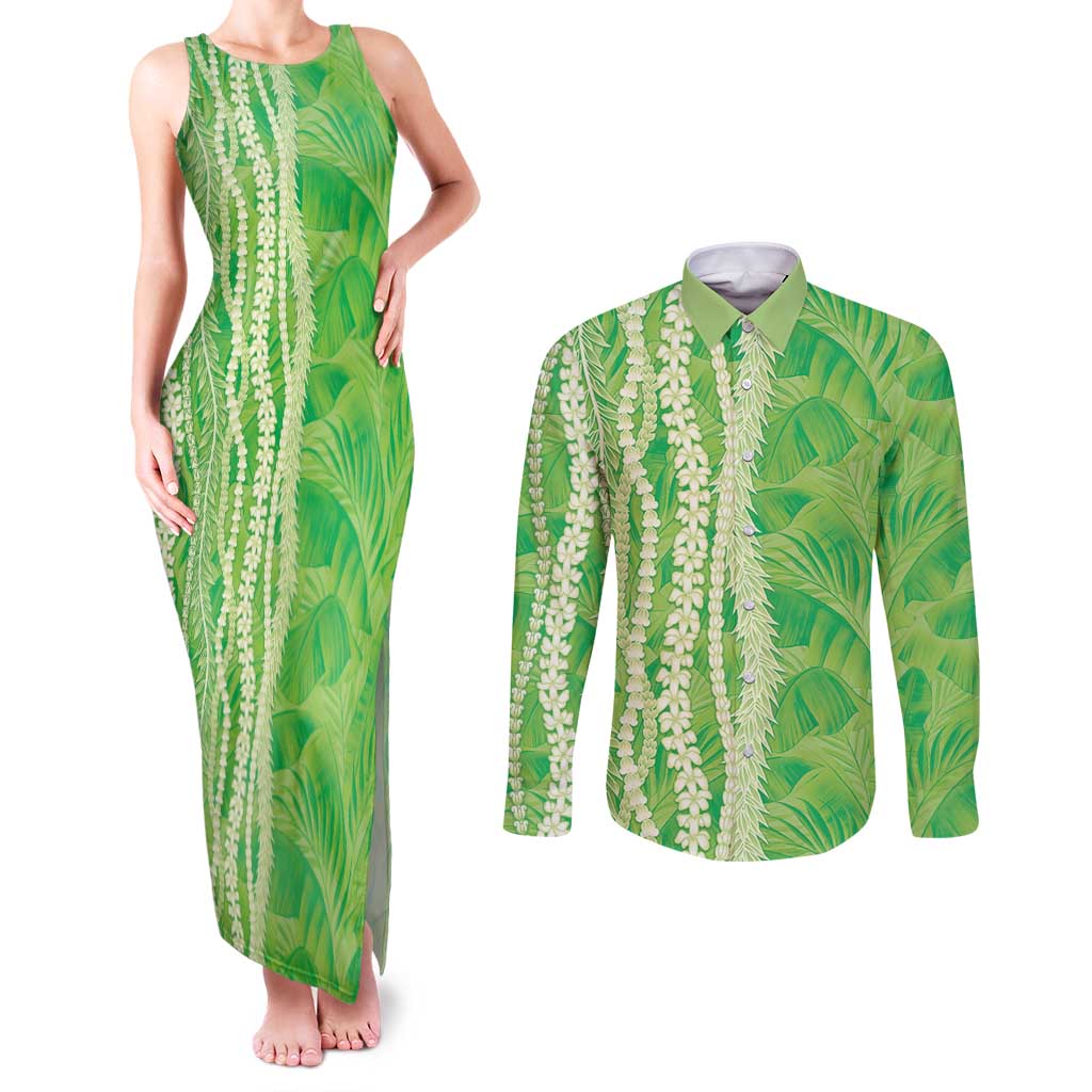 Hawaii Prince Kuhio Couples Matching Tank Maxi Dress and Long Sleeve Button Shirt Lime Green Hawaiian Lau Maia With Leis LT05 Green - Polynesian Pride