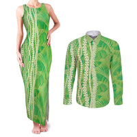 Hawaii Prince Kuhio Couples Matching Tank Maxi Dress and Long Sleeve Button Shirt Lime Green Hawaiian Lau Maia With Leis LT05 Green - Polynesian Pride