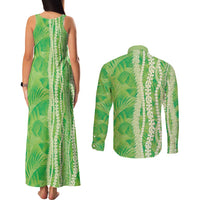 Hawaii Prince Kuhio Couples Matching Tank Maxi Dress and Long Sleeve Button Shirt Lime Green Hawaiian Lau Maia With Leis LT05 - Polynesian Pride