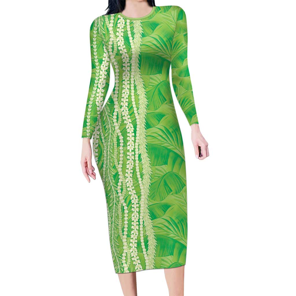 Hawaii Prince Kuhio Family Matching Long Sleeve Bodycon Dress and Hawaiian Shirt Lime Green Hawaiian Lau Maia With Leis LT05 Mom's Dress Green - Polynesian Pride