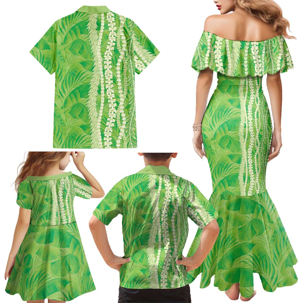 Hawaii Prince Kuhio Family Matching Mermaid Dress and Hawaiian Shirt Lime Green Hawaiian Lau Maia With Leis LT05 - Polynesian Pride
