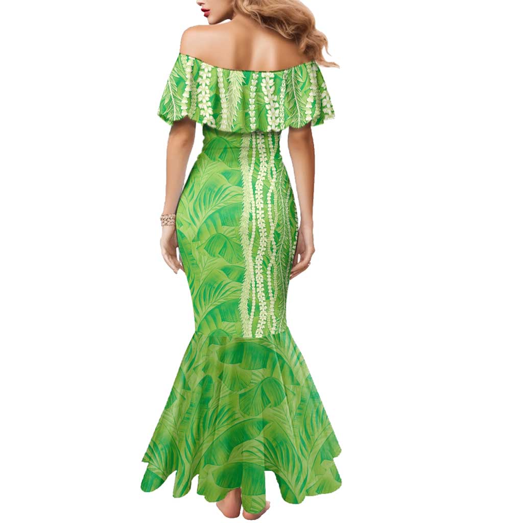 Hawaii Prince Kuhio Family Matching Mermaid Dress and Hawaiian Shirt Lime Green Hawaiian Lau Maia With Leis LT05 - Polynesian Pride