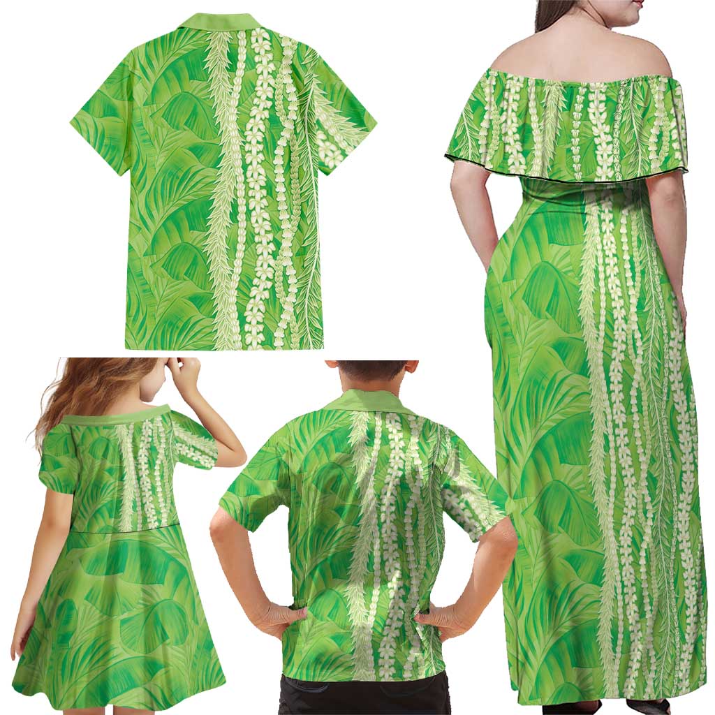 Hawaii Prince Kuhio Family Matching Off Shoulder Maxi Dress and Hawaiian Shirt Lime Green Hawaiian Lau Maia With Leis LT05 - Polynesian Pride