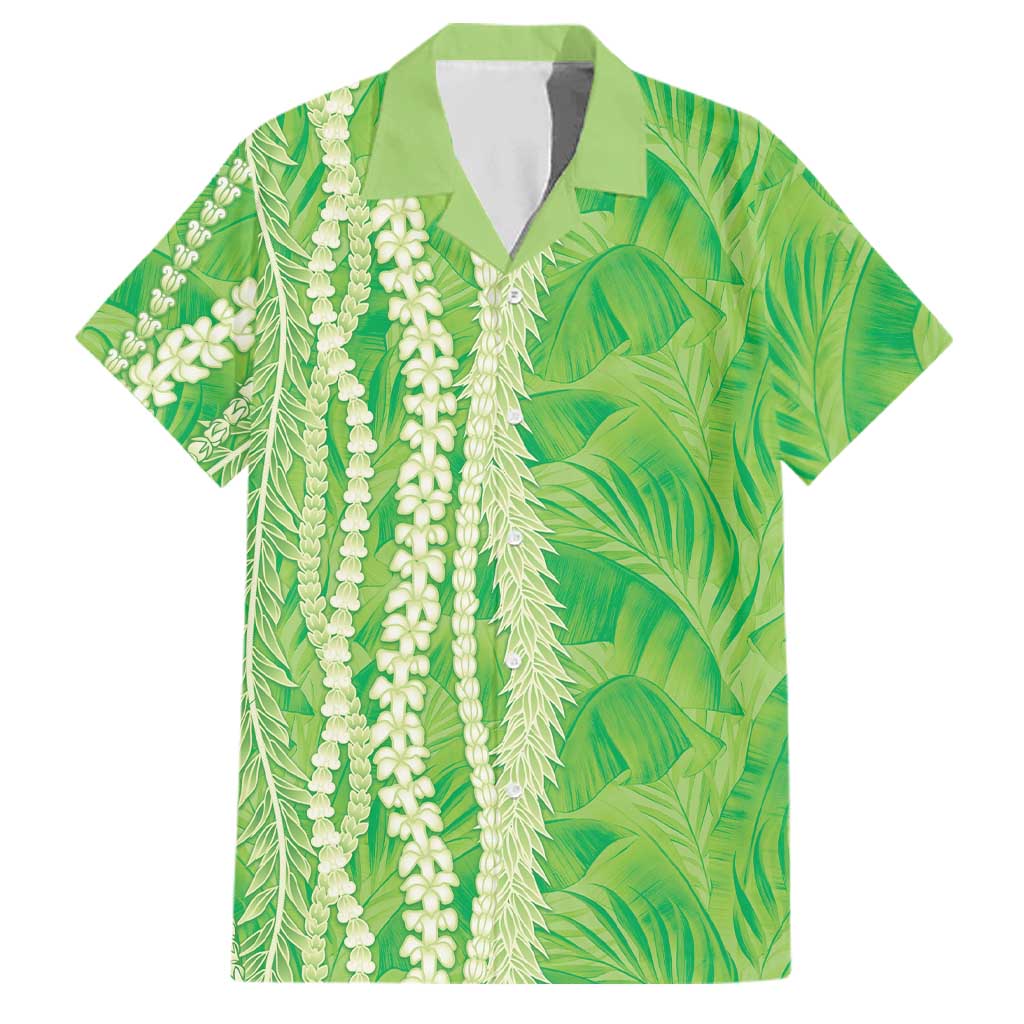Hawaii Prince Kuhio Family Matching Off Shoulder Maxi Dress and Hawaiian Shirt Lime Green Hawaiian Lau Maia With Leis LT05 Dad's Shirt - Short Sleeve Green - Polynesian Pride