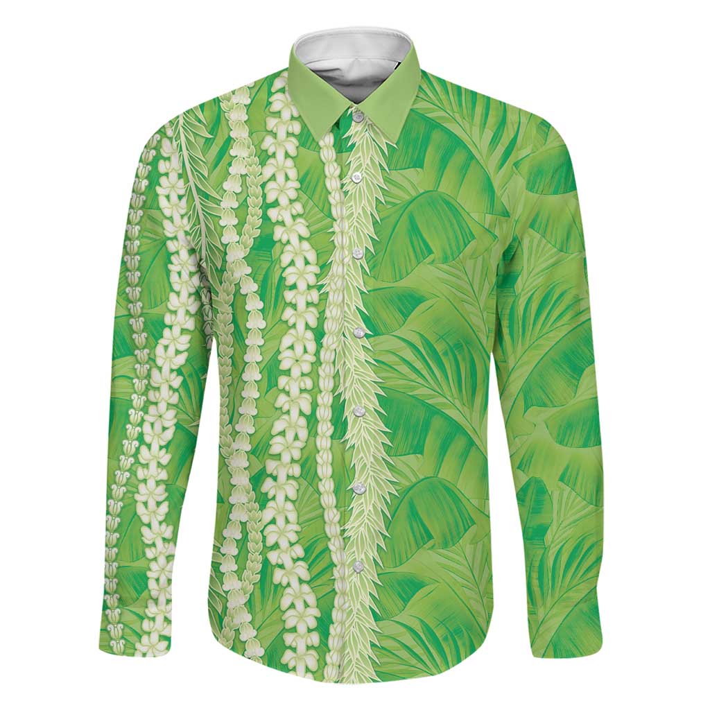 Hawaii Prince Kuhio Family Matching Puletasi and Hawaiian Shirt Lime Green Hawaiian Lau Maia With Leis LT05 Dad's Shirt - Long Sleeve Green - Polynesian Pride