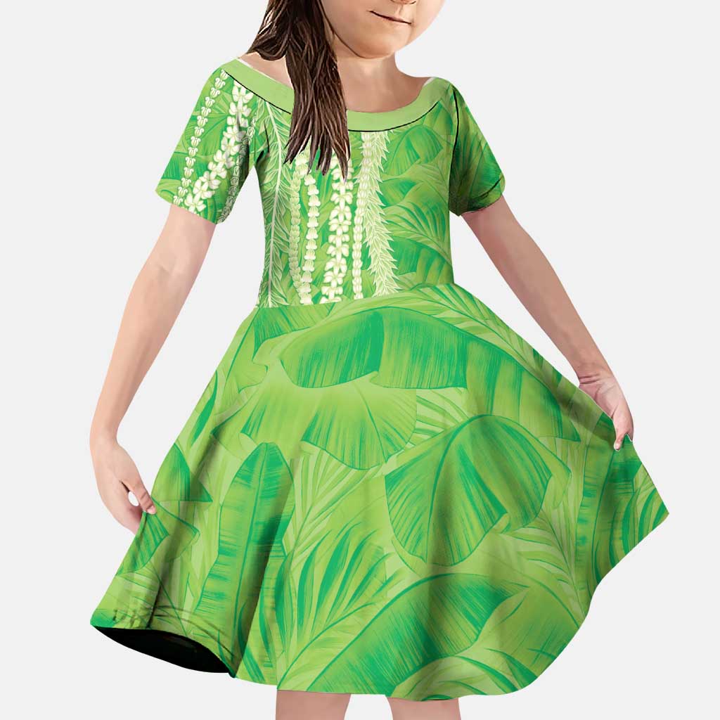 Hawaii Prince Kuhio Family Matching Summer Maxi Dress and Hawaiian Shirt Lime Green Hawaiian Lau Maia With Leis LT05 Daughter's Dress Green - Polynesian Pride