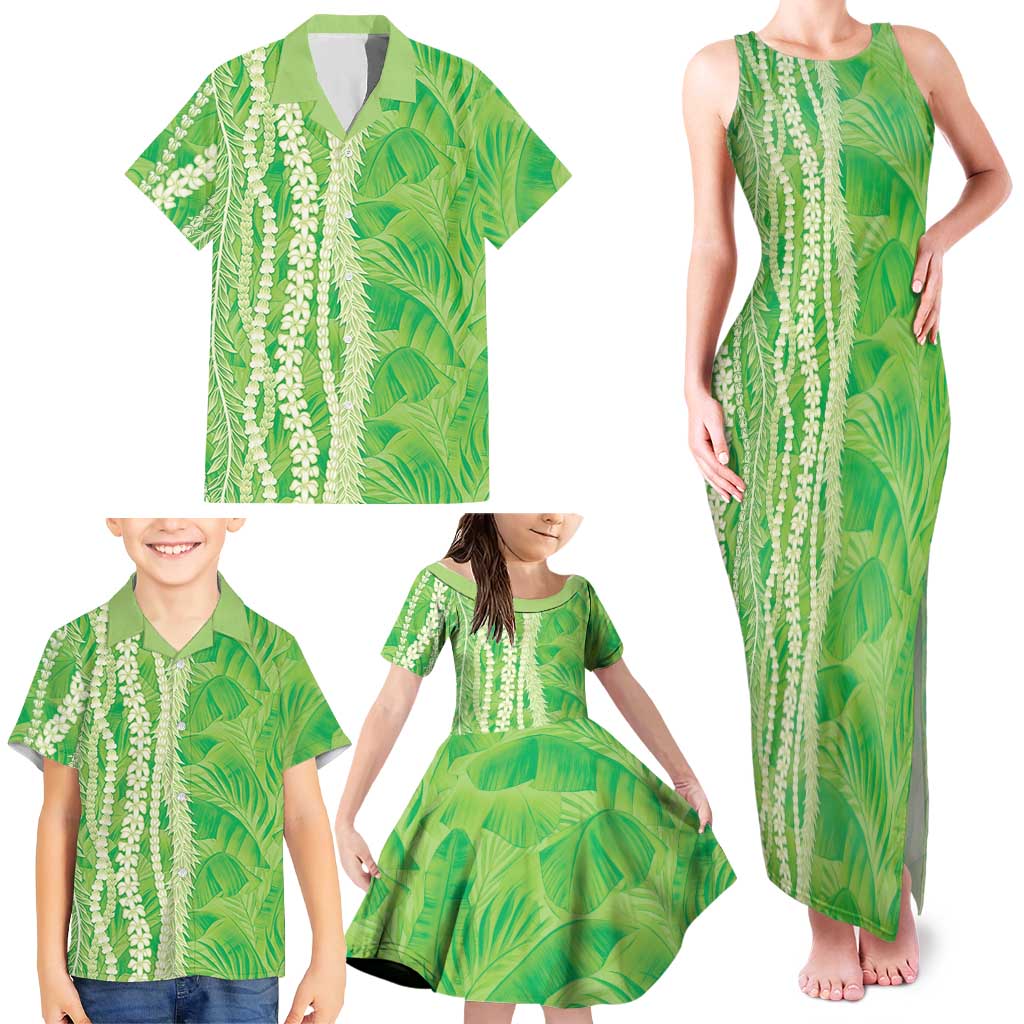 Hawaii Prince Kuhio Family Matching Tank Maxi Dress and Hawaiian Shirt Lime Green Hawaiian Lau Maia With Leis LT05 - Polynesian Pride