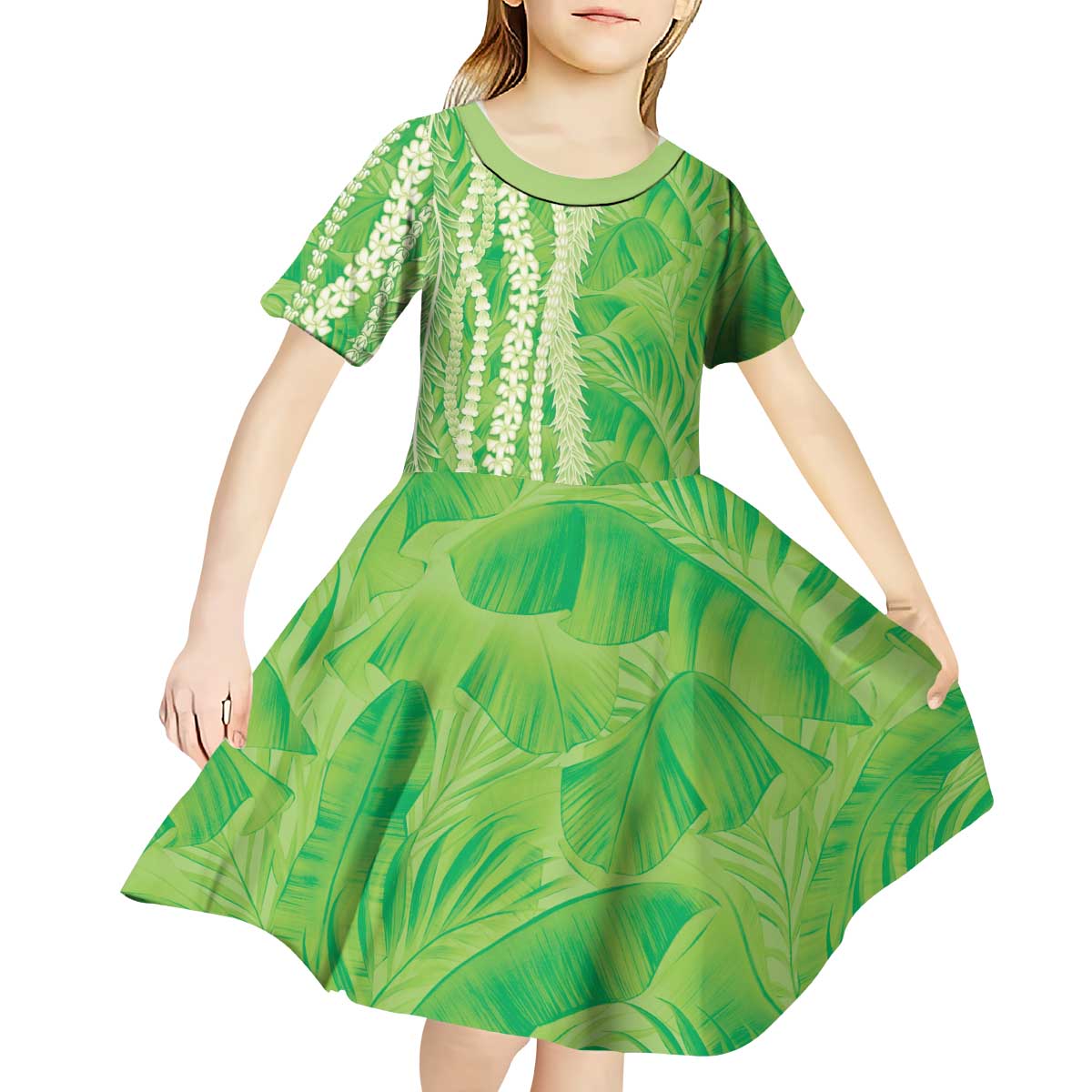 Hawaii Prince Kuhio Kid Short Sleeve Dress Lime Green Hawaiian Lau Maia With Leis