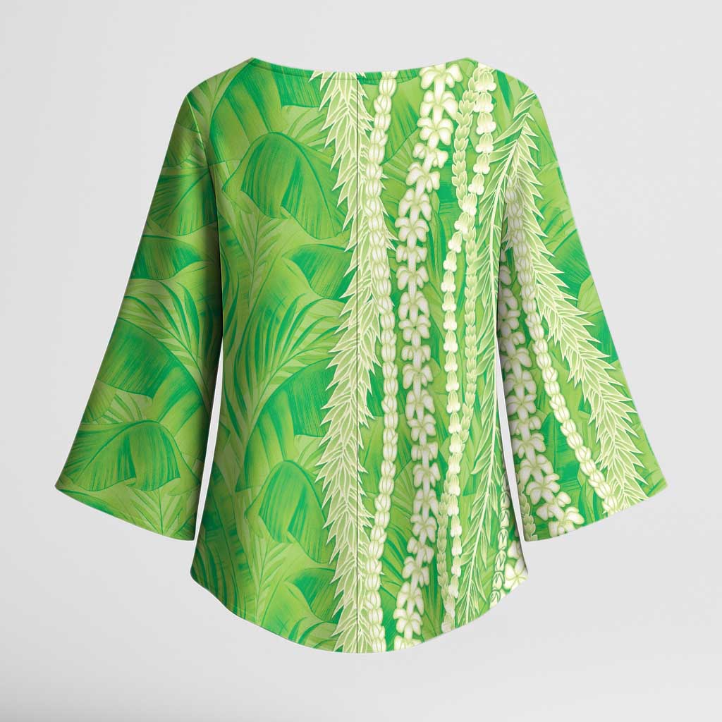 Hawaii Prince Kuhio Kimono Sleeve Blouse Lime Green Hawaiian Lau Maia With Leis