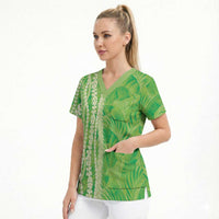 Hawaii Prince Kuhio Scrub Top Lime Green Hawaiian Lau Maia With Leis