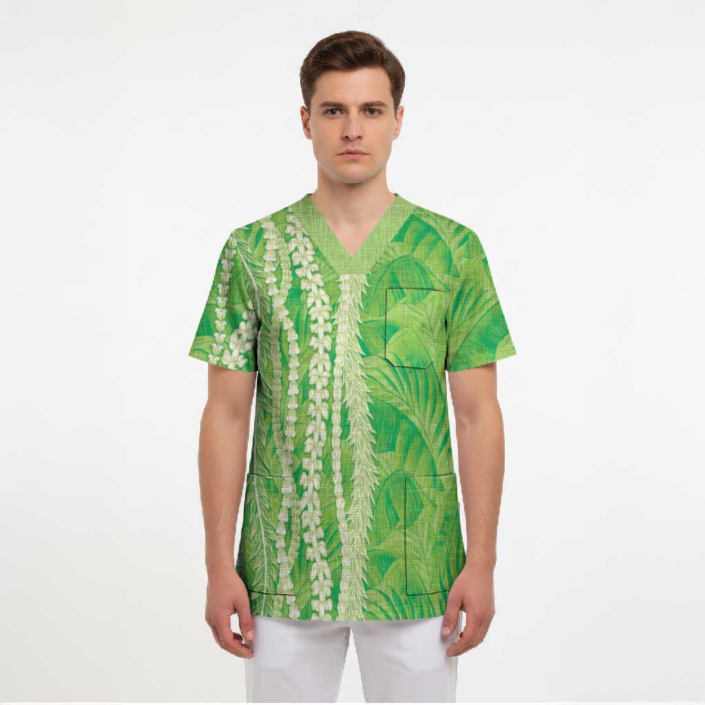 Hawaii Prince Kuhio Scrub Top Lime Green Hawaiian Lau Maia With Leis