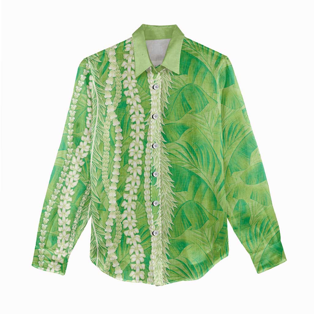 Hawaii Prince Kuhio Women Casual Shirt Lime Green Hawaiian Lau Maia With Leis LT05 - Polynesian Pride