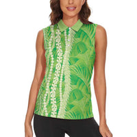 Hawaii Prince Kuhio Women Sleeveless Polo Shirt Lime Green Hawaiian Lau Maia With Leis LT05 - Polynesian Pride