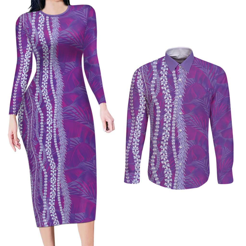 Hawaii Prince Kuhio Couples Matching Long Sleeve Bodycon Dress and Long Sleeve Button Shirt Violet Hawaiian Lau Maia With Leis