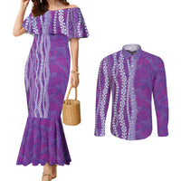 Hawaii Prince Kuhio Couples Matching Mermaid Dress and Long Sleeve Button Shirt Violet Hawaiian Lau Maia With Leis LT05 Violet - Polynesian Pride