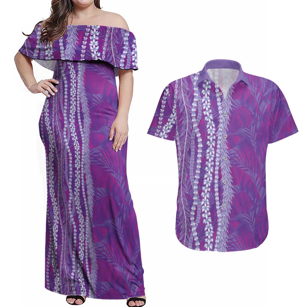 Hawaii Prince Kuhio Couples Matching Off Shoulder Maxi Dress and Hawaiian Shirt Violet Hawaiian Lau Maia With Leis LT05 Violet - Polynesian Pride