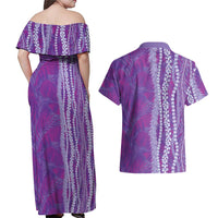 Hawaii Prince Kuhio Couples Matching Off Shoulder Maxi Dress and Hawaiian Shirt Violet Hawaiian Lau Maia With Leis LT05 - Polynesian Pride