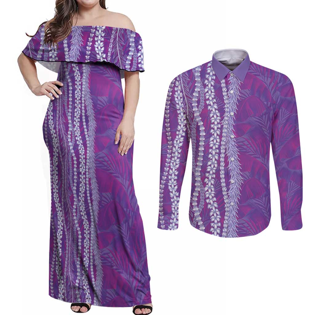 Hawaii Prince Kuhio Couples Matching Off Shoulder Maxi Dress and Long Sleeve Button Shirt Violet Hawaiian Lau Maia With Leis