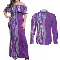 Hawaii Prince Kuhio Couples Matching Off Shoulder Maxi Dress and Long Sleeve Button Shirt Violet Hawaiian Lau Maia With Leis LT05 Violet - Polynesian Pride