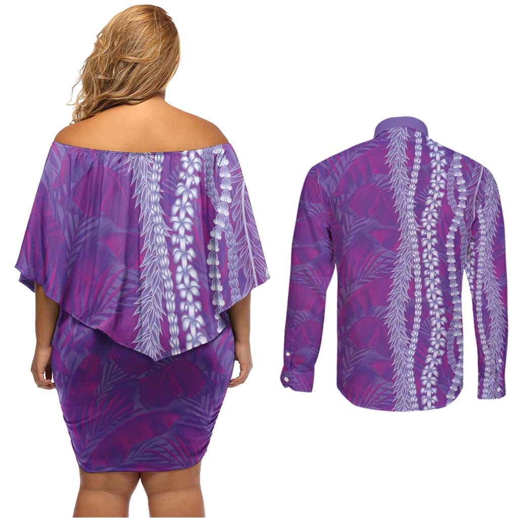 Hawaii Prince Kuhio Couples Matching Off Shoulder Short Dress and Long Sleeve Button Shirt Violet Hawaiian Lau Maia With Leis LT05 - Polynesian Pride
