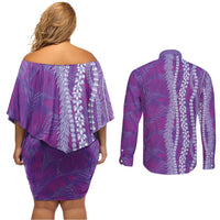 Hawaii Prince Kuhio Couples Matching Off Shoulder Short Dress and Long Sleeve Button Shirt Violet Hawaiian Lau Maia With Leis LT05 - Polynesian Pride