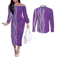 Hawaii Prince Kuhio Couples Matching Off The Shoulder Long Sleeve Dress and Long Sleeve Button Shirt Violet Hawaiian Lau Maia With Leis LT05 Violet - Polynesian Pride