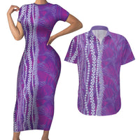 Hawaii Prince Kuhio Couples Matching Short Sleeve Bodycon Dress and Hawaiian Shirt Violet Hawaiian Lau Maia With Leis LT05 Violet - Polynesian Pride