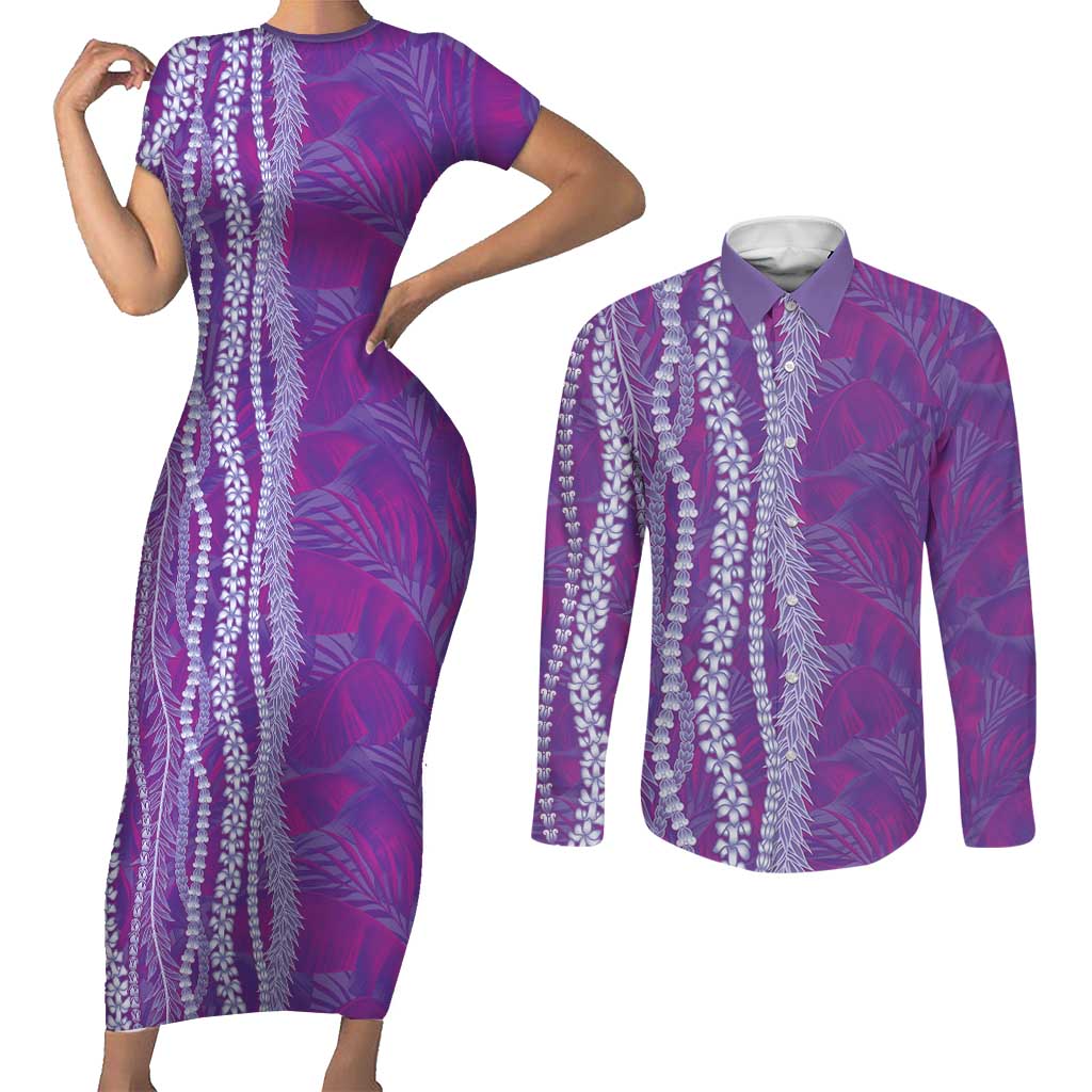 Hawaii Prince Kuhio Couples Matching Short Sleeve Bodycon Dress and Long Sleeve Button Shirt Violet Hawaiian Lau Maia With Leis