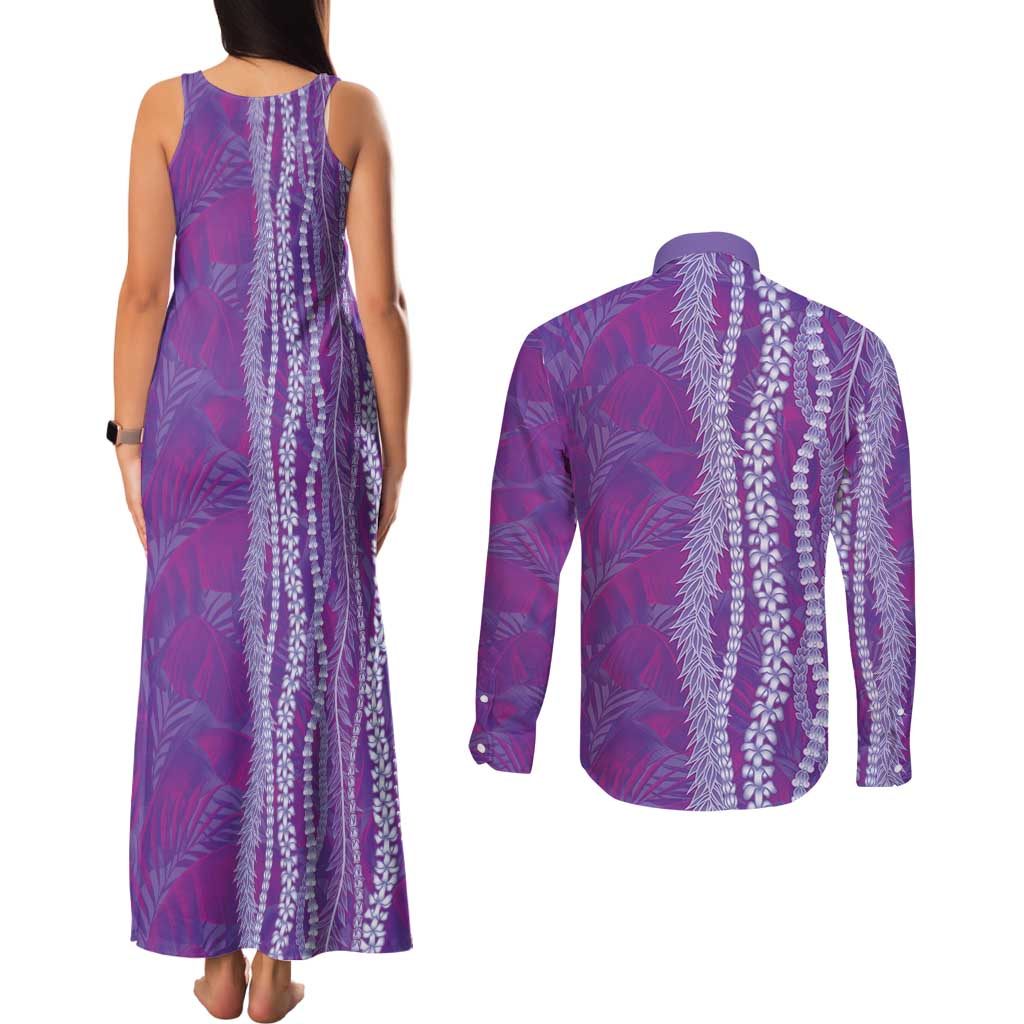 Hawaii Prince Kuhio Couples Matching Tank Maxi Dress and Long Sleeve Button Shirt Violet Hawaiian Lau Maia With Leis LT05 - Polynesian Pride