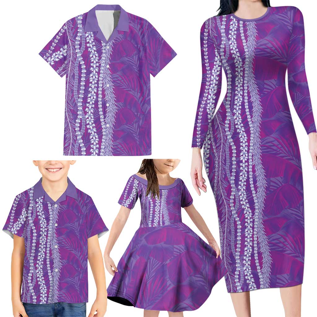 Hawaii Prince Kuhio Family Matching Long Sleeve Bodycon Dress and Hawaiian Shirt Violet Hawaiian Lau Maia With Leis LT05 - Polynesian Pride