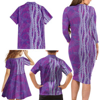 Hawaii Prince Kuhio Family Matching Long Sleeve Bodycon Dress and Hawaiian Shirt Violet Hawaiian Lau Maia With Leis LT05 - Polynesian Pride