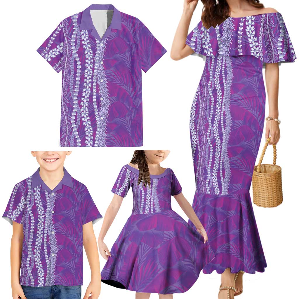 Hawaii Prince Kuhio Family Matching Mermaid Dress and Hawaiian Shirt Violet Hawaiian Lau Maia With Leis