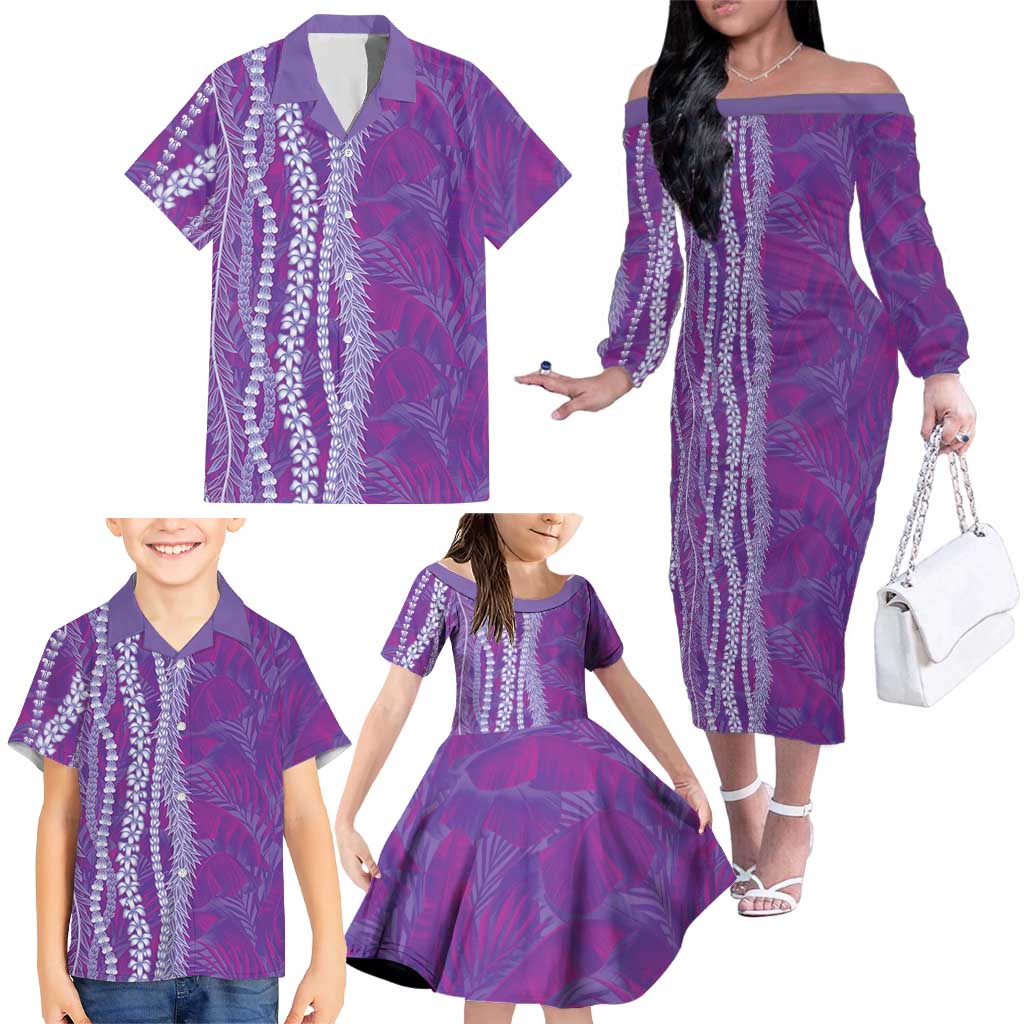 Hawaii Prince Kuhio Family Matching Off The Shoulder Long Sleeve Dress and Hawaiian Shirt Violet Hawaiian Lau Maia With Leis