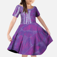 Hawaii Prince Kuhio Family Matching Off Shoulder Short Dress and Hawaiian Shirt Violet Hawaiian Lau Maia With Leis LT05 Daughter's Dress Violet - Polynesian Pride