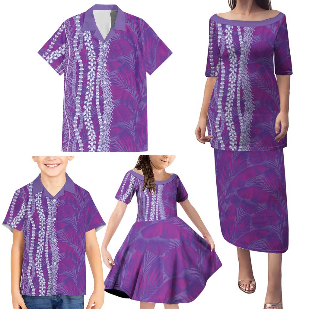 Hawaii Prince Kuhio Family Matching Puletasi and Hawaiian Shirt Violet Hawaiian Lau Maia With Leis