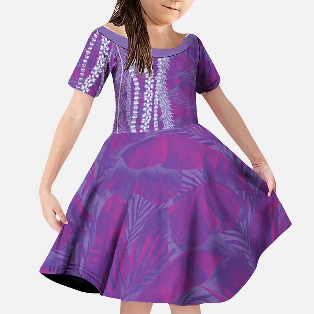 Hawaii Prince Kuhio Family Matching Short Sleeve Bodycon Dress and Hawaiian Shirt Violet Hawaiian Lau Maia With Leis LT05 Daughter's Dress Violet - Polynesian Pride