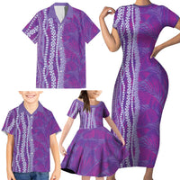 Hawaii Prince Kuhio Family Matching Short Sleeve Bodycon Dress and Hawaiian Shirt Violet Hawaiian Lau Maia With Leis LT05 - Polynesian Pride