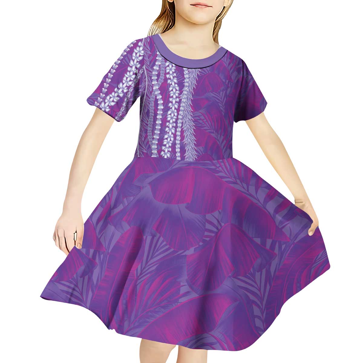 Hawaii Prince Kuhio Kid Short Sleeve Dress Violet Hawaiian Lau Maia With Leis