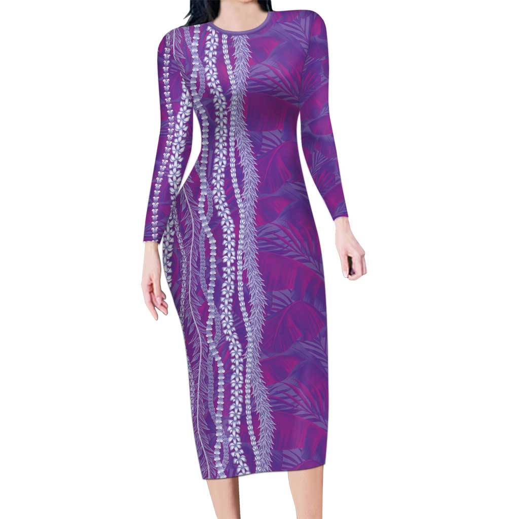 Hawaii Prince Kuhio Long Sleeve Bodycon Dress Violet Hawaiian Lau Maia With Leis LT05 Long Dress Violet - Polynesian Pride