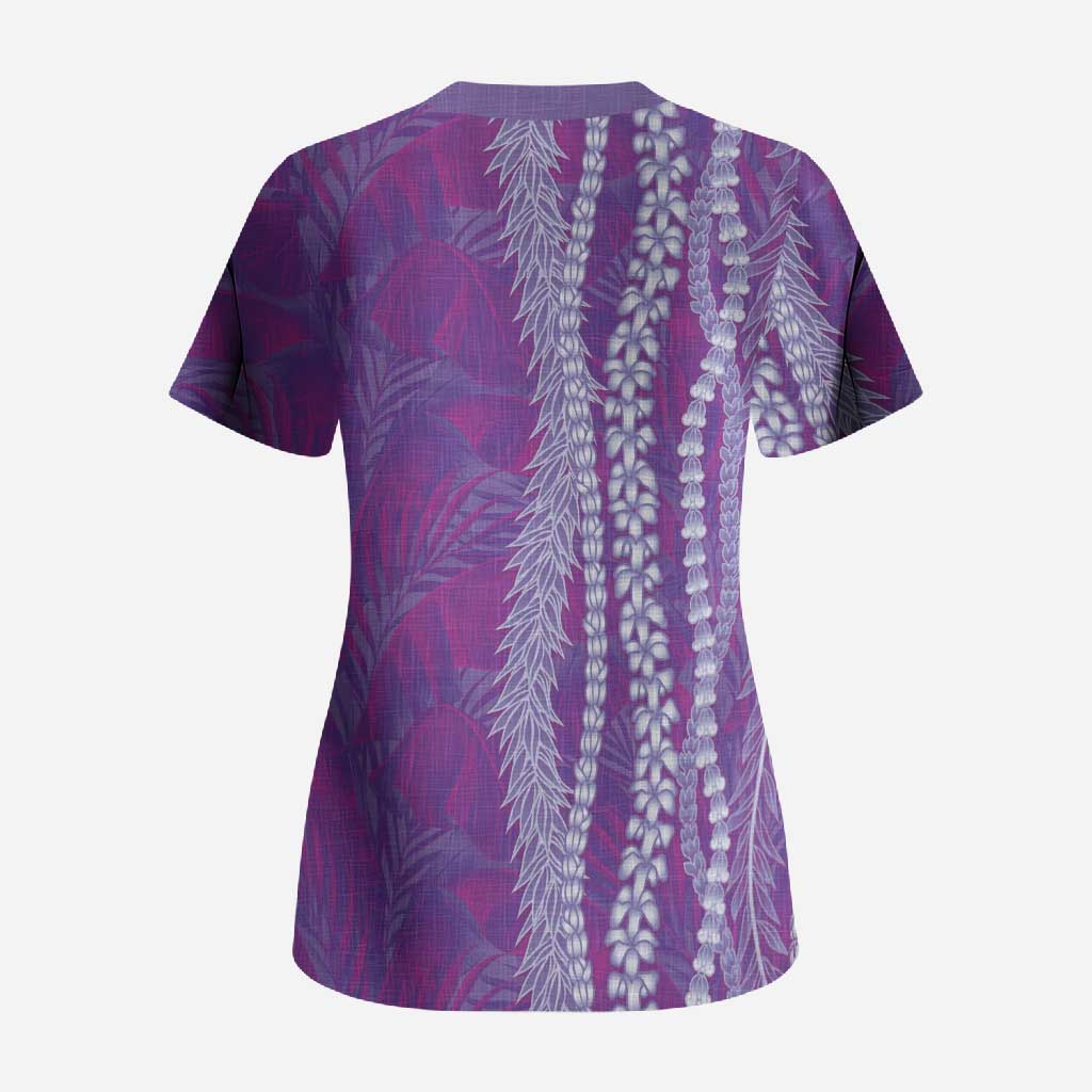 Hawaii Prince Kuhio Scrub Top Violet Hawaiian Lau Maia With Leis