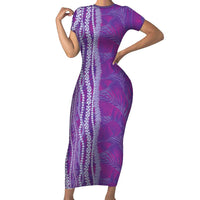 Hawaii Prince Kuhio Short Sleeve Bodycon Dress Violet Hawaiian Lau Maia With Leis LT05 Long Dress Violet - Polynesian Pride