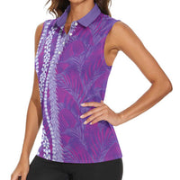 Hawaii Prince Kuhio Women Sleeveless Polo Shirt Violet Hawaiian Lau Maia With Leis LT05 - Polynesian Pride