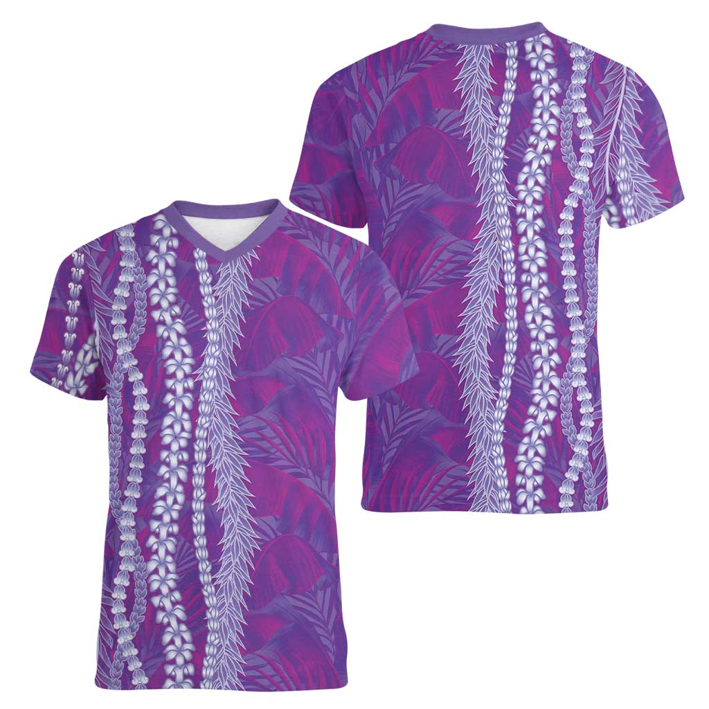 Hawaii Prince Kuhio Women V-Neck T-Shirt Violet Hawaiian Lau Maia With Leis LT05 - Polynesian Pride