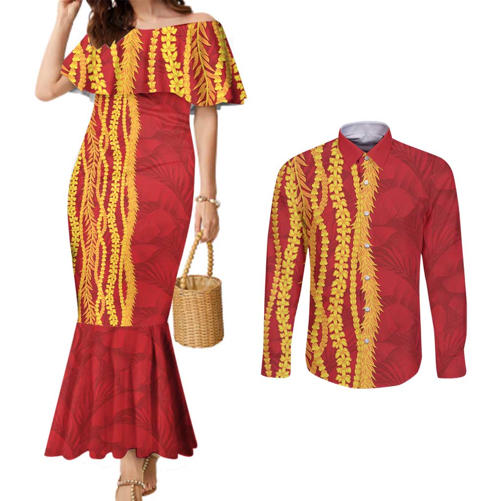 Hawaii Prince Kuhio Couples Matching Mermaid Dress and Long Sleeve Button Shirt Red Hawaiian Lau Maia With Leis LT05 Red - Polynesian Pride